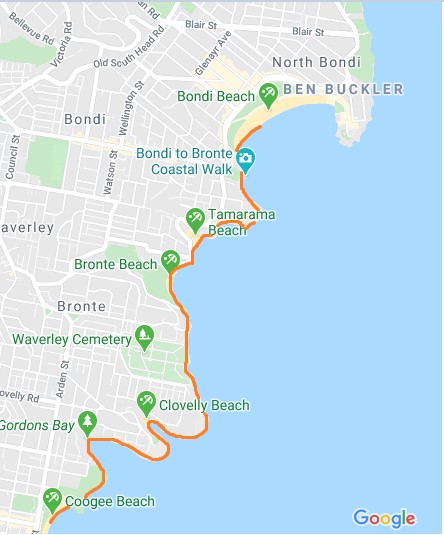 Coastal Walk van Coogee Beach naar Bondi Beach Australië map